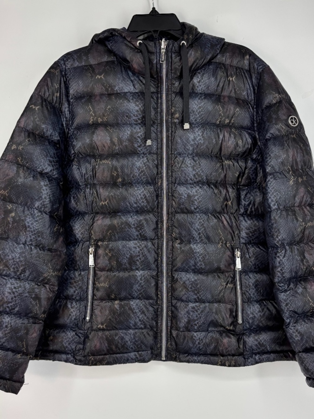 Calvin Klein Womens Large Reversible Zip Front Down Jacket Blue Gray Snake Solid